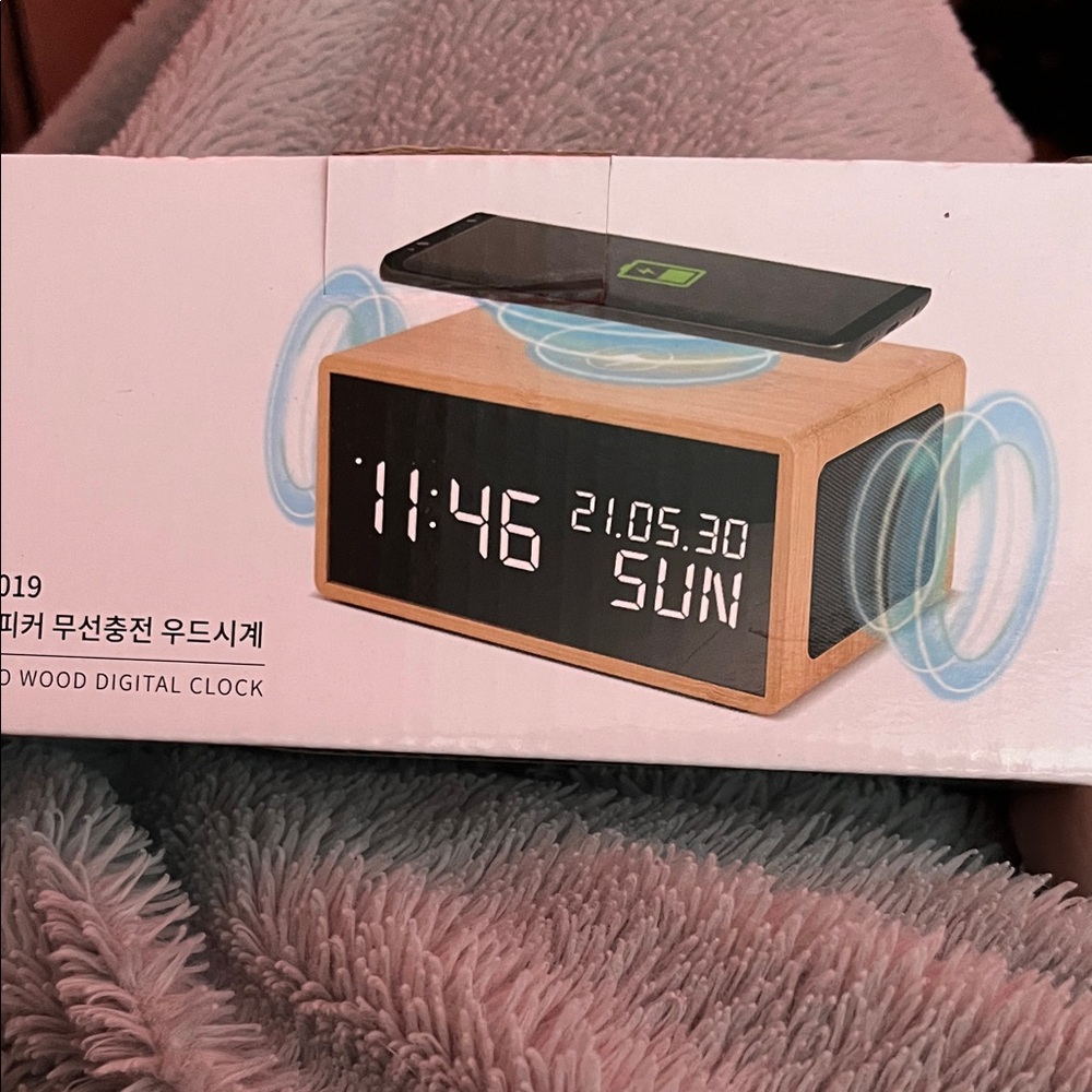Wireless Charging Digital Clock with Bluetooth Speaker - Natural Wood